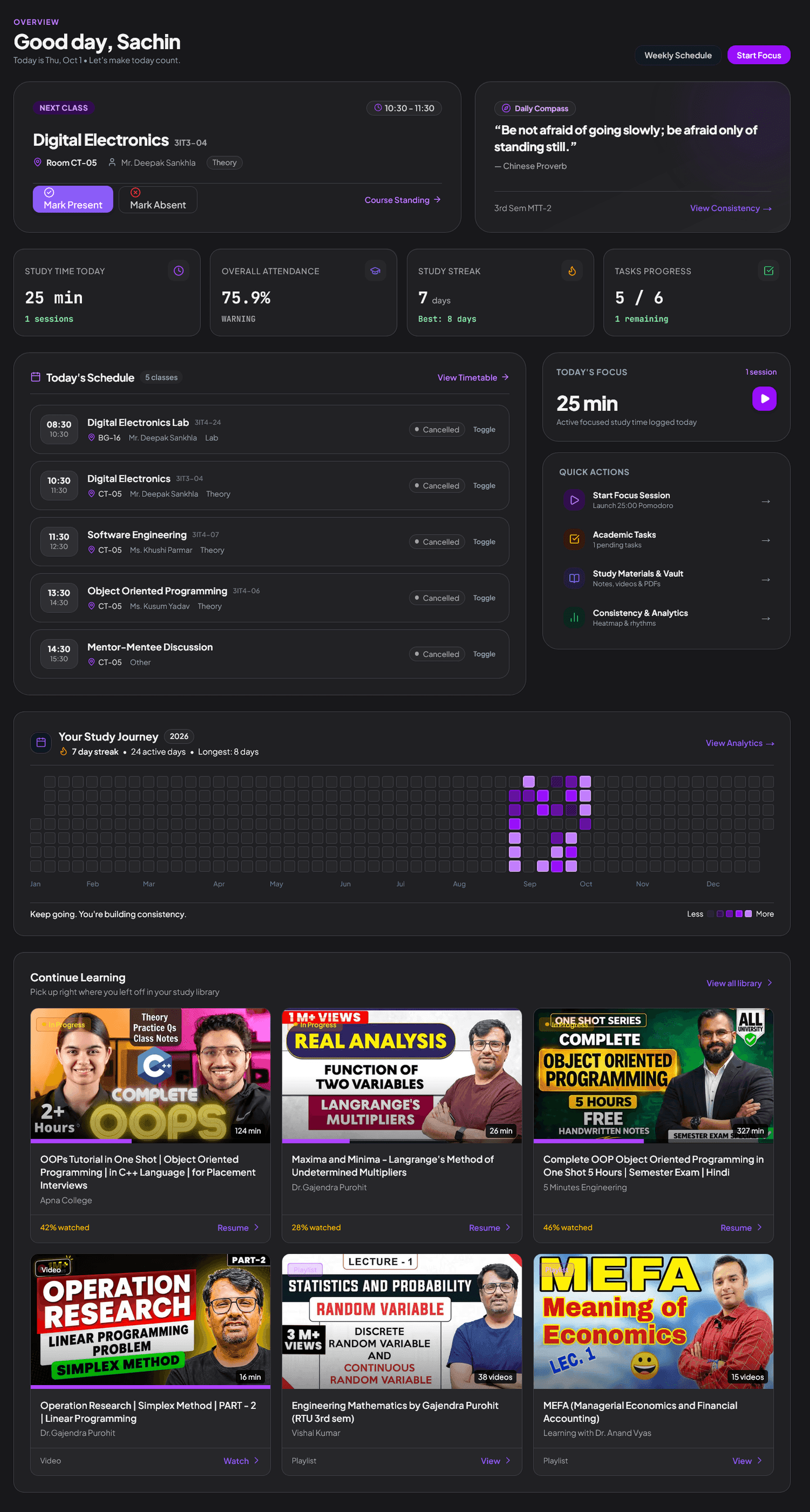 StudySpace Dashboard in Obsidian Dark Theme