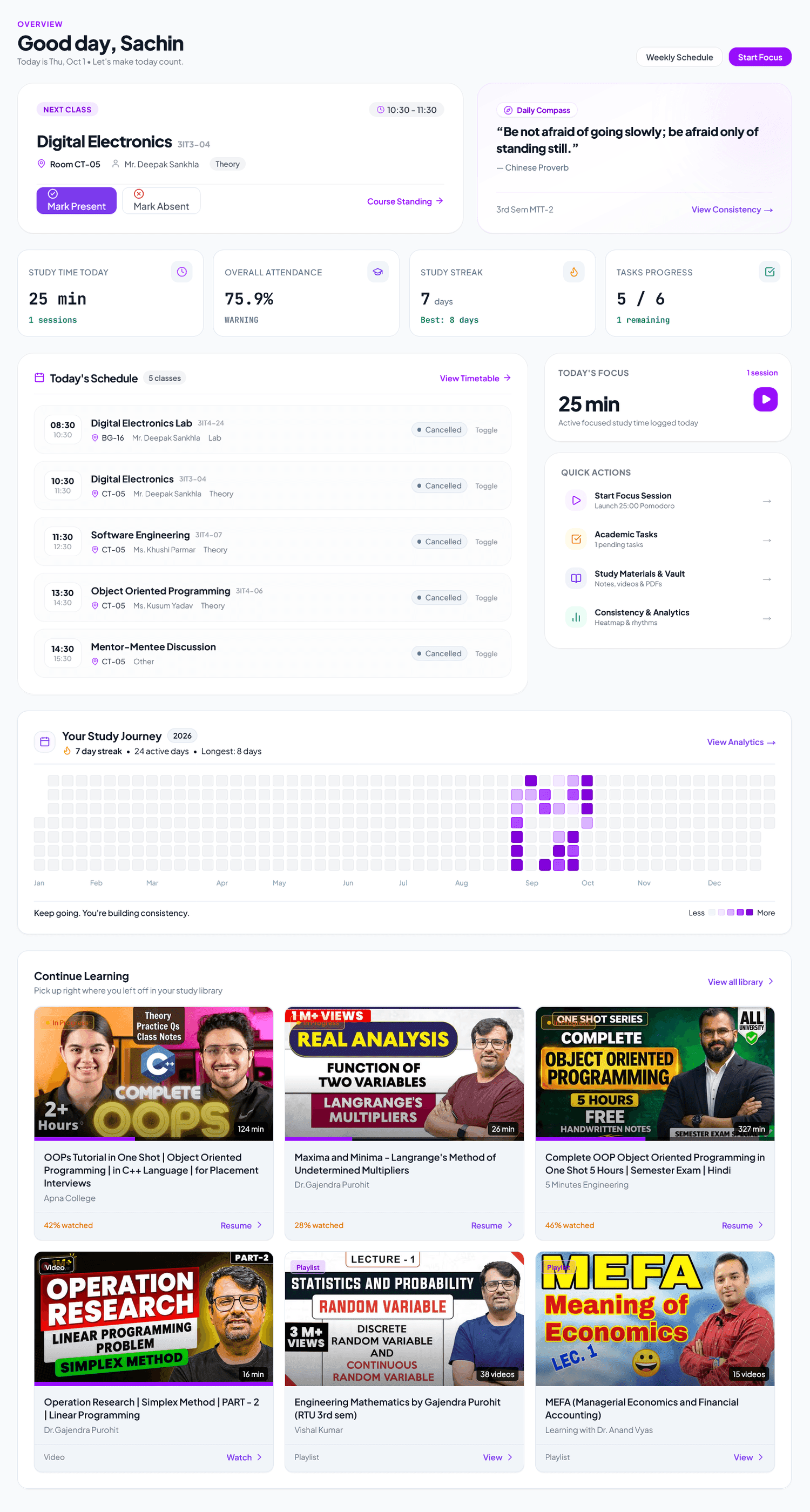 StudySpace Dashboard in Crisp Light Theme