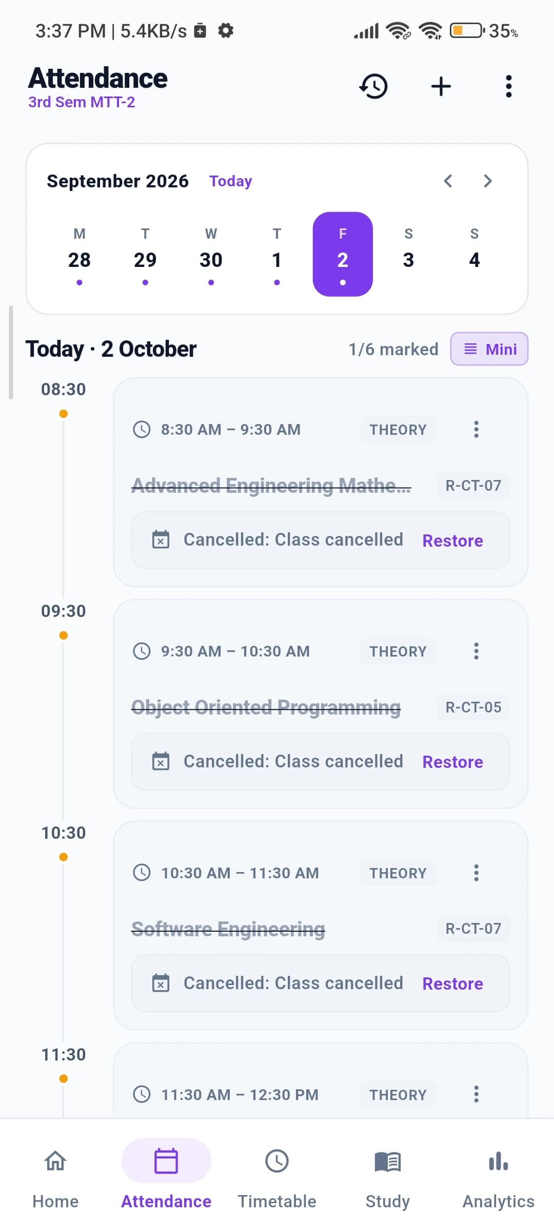 StudySpace Mobile Attendance Screen with Bunk Calculator
