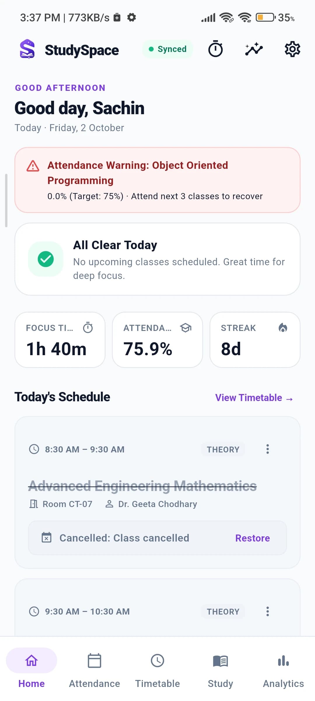 StudySpace Mobile Home Screen with Class Schedule and Quick Attendance