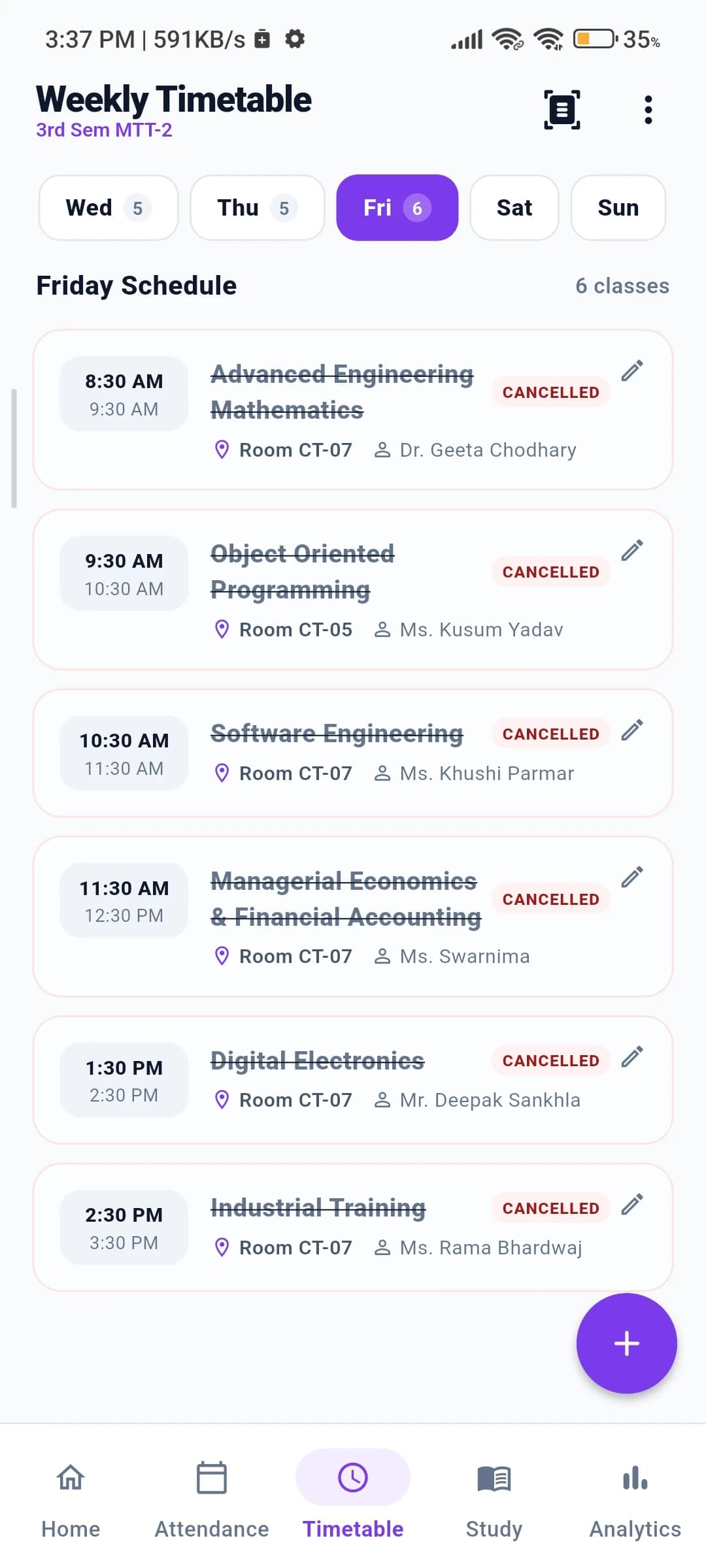 StudySpace Mobile Timetable Screen with Weekly Routine